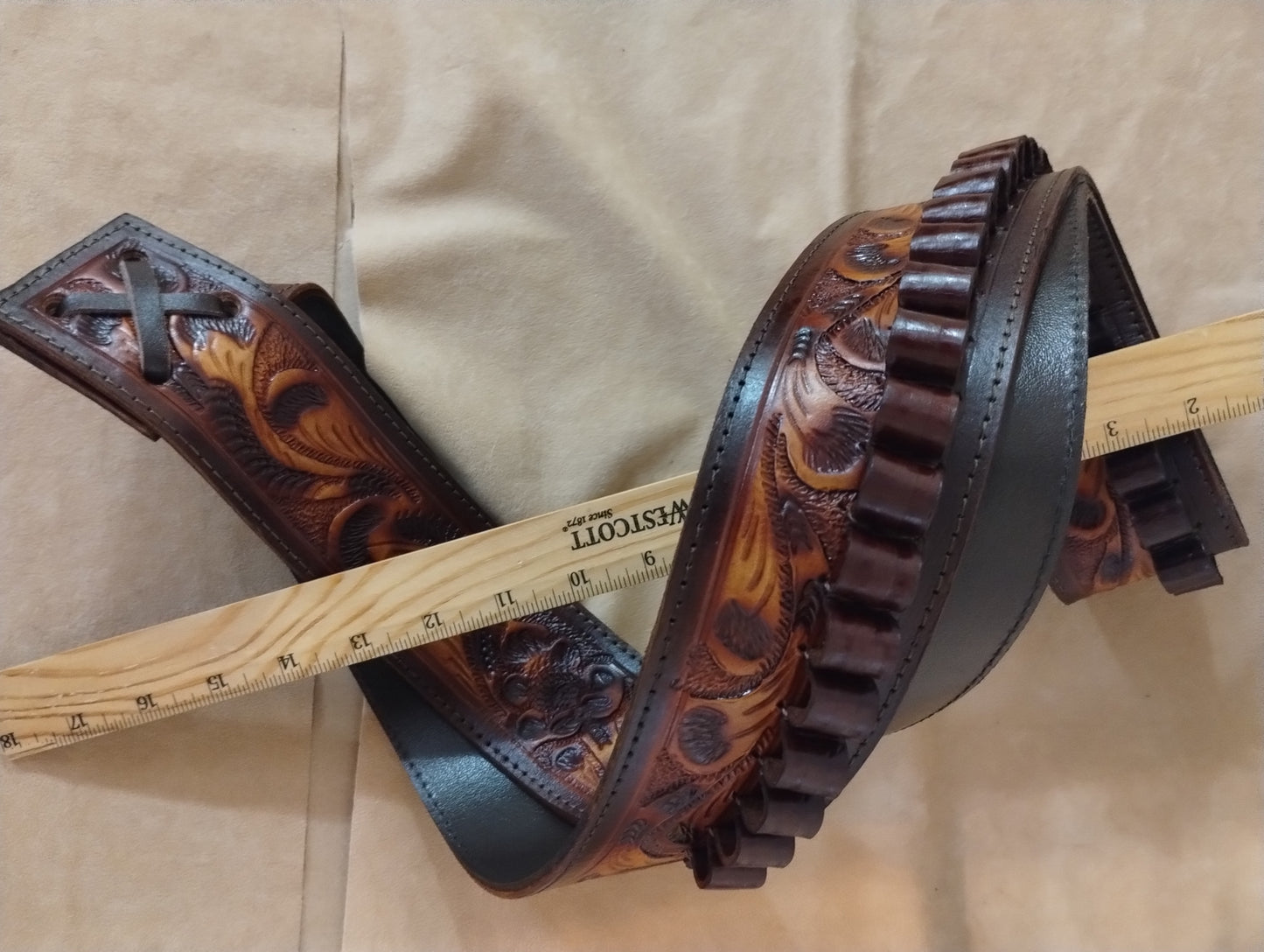 Handcrafted Two-Tone Brown & Tan Hand Tooled Leather Ammo Bandolier – .38/.357 Cal | 56-Round Ambidextrous Rifle Handgun Hunting