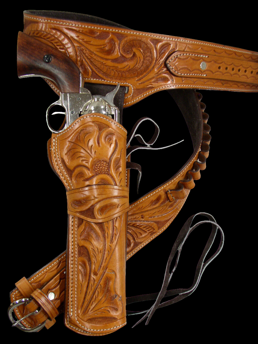 357/38/9mm Tan Tooled Desert Gunslinger Western Rig - Sheriff Rig: Full Grain Leather; Suede Lined - Right Handed
