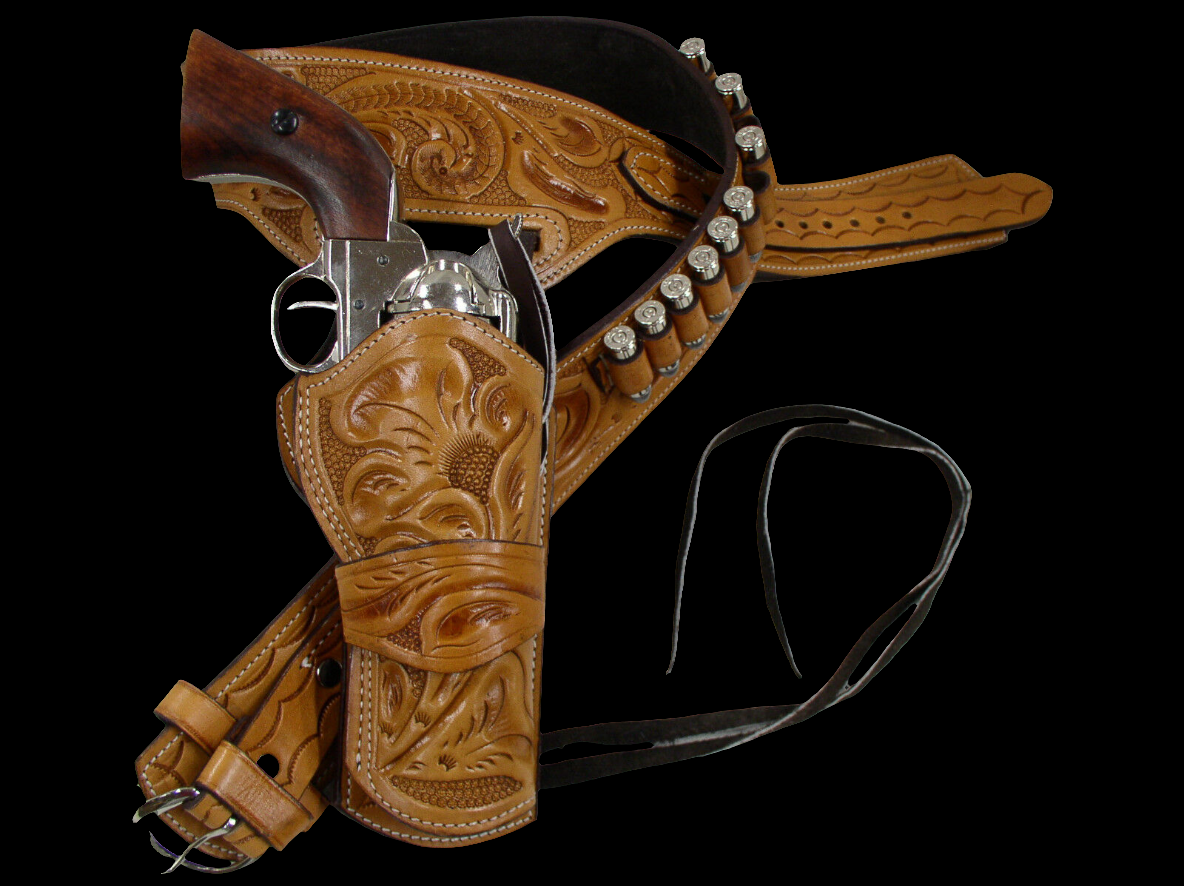 357/38/9mm Tan Tooled Desert Gunslinger Western Rig - Sheriff Rig: Full Grain Leather; Suede Lined - Right Handed