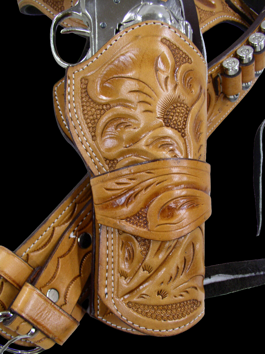 357/38/9mm Tan Tooled Desert Gunslinger Western Rig - Sheriff Rig: Full Grain Leather; Suede Lined - Right Handed