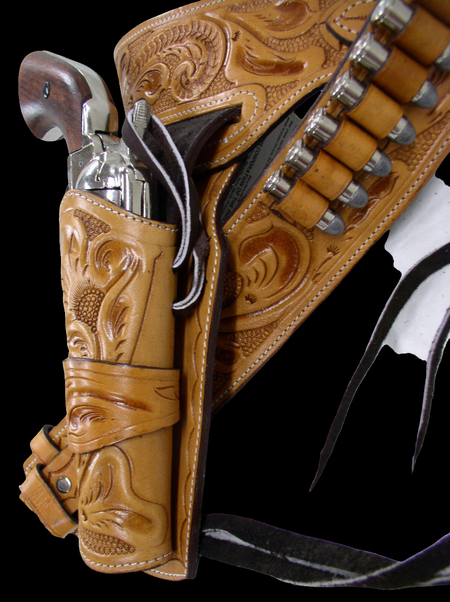 357/38/9mm Tan Tooled Desert Gunslinger Western Rig - Sheriff Rig: Full Grain Leather; Suede Lined - Right Handed