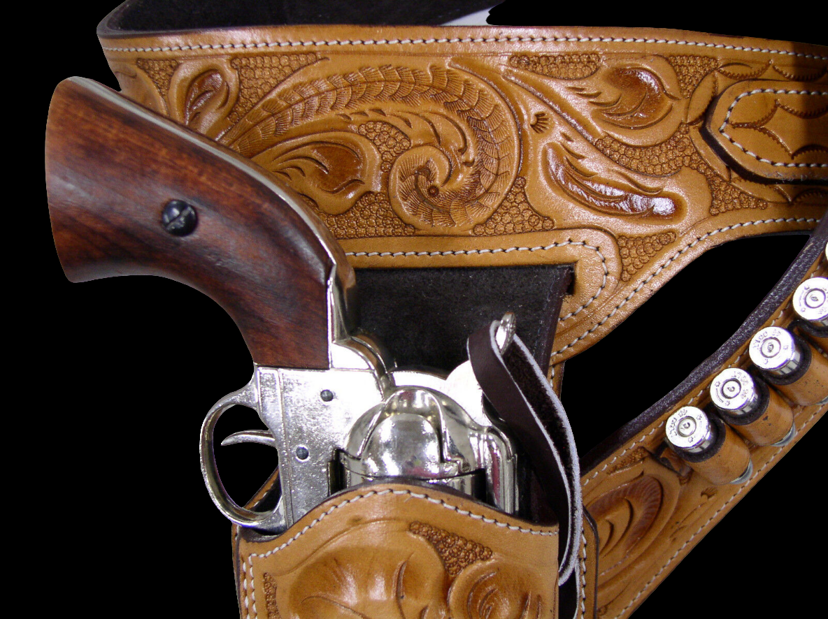 357/38/9mm Tan Tooled Desert Gunslinger Western Rig - Sheriff Rig: Full Grain Leather; Suede Lined - Right Handed
