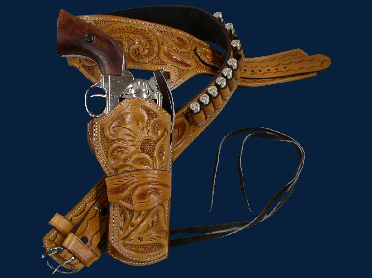 357/38/9mm Tan Tooled Desert Gunslinger Western Rig - Sheriff Rig: Full Grain Leather; Suede Lined - Right Handed