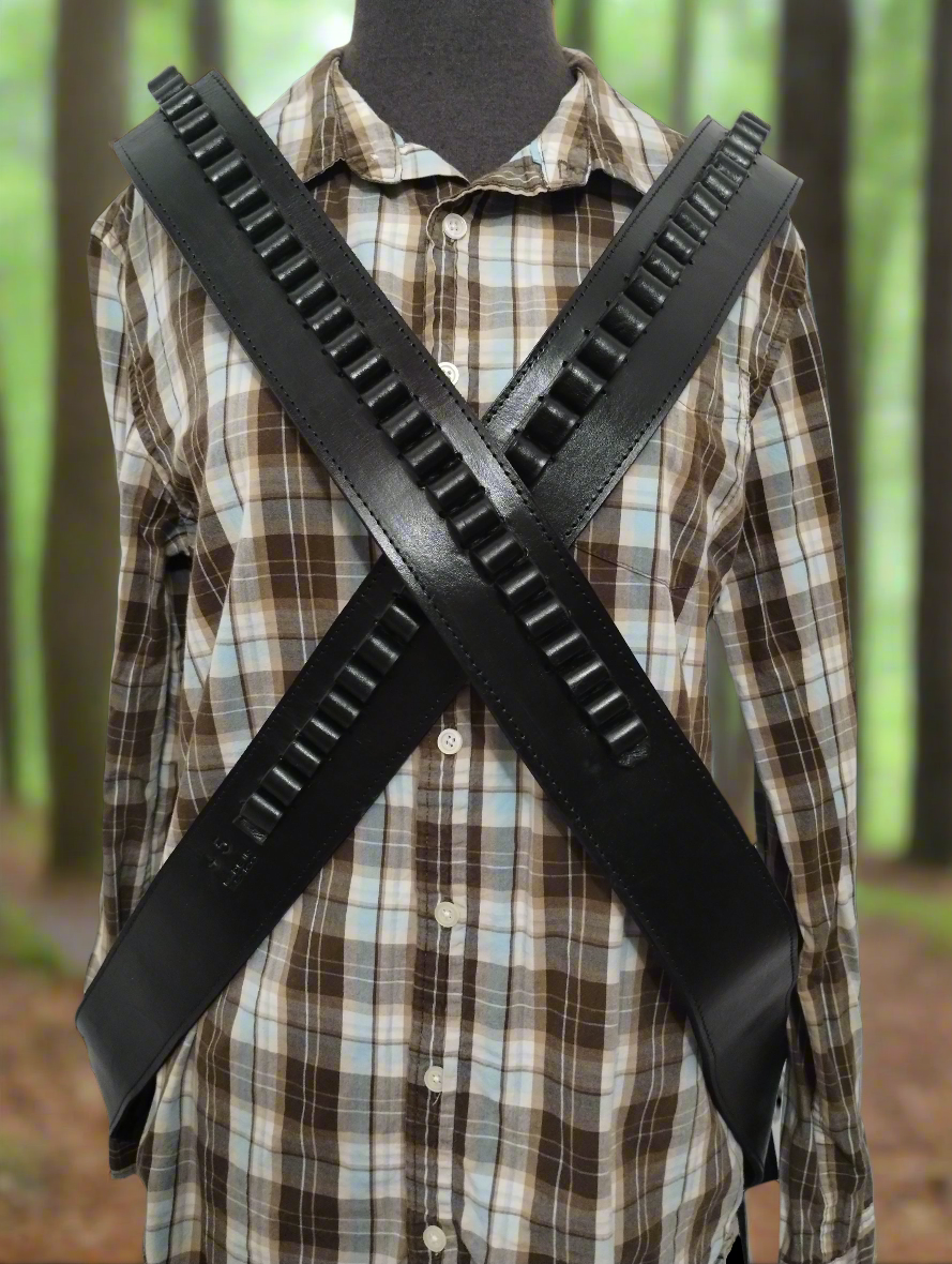 Handcrafted Double Leather Plain Black Crossbody Ammo Bandolier – .38/.357 Cal | 56-Round Ambidextrous Rifle Handgun Hunting