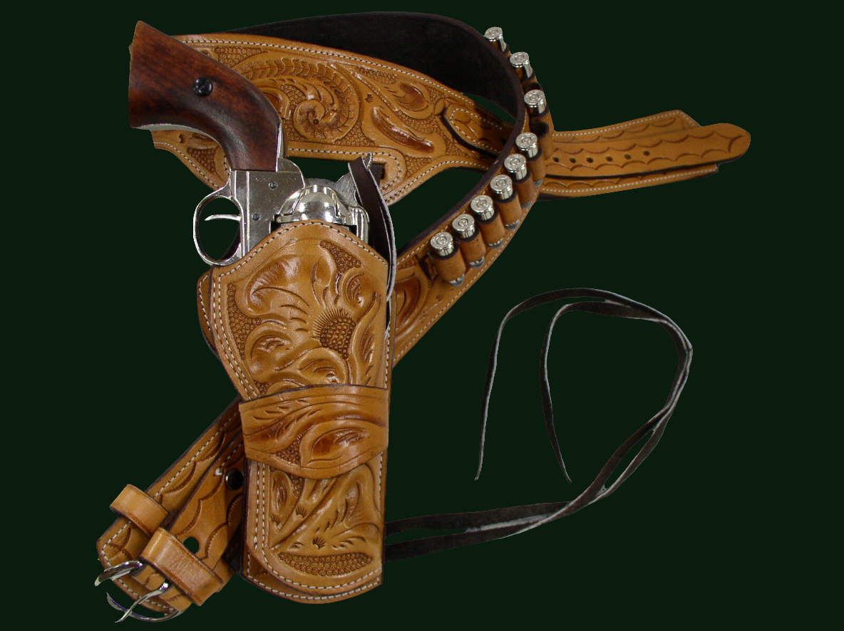 357/38/9mm Tan Tooled Desert Gunslinger Western Rig - Sheriff Rig: Full Grain Leather; Suede Lined - Right Handed