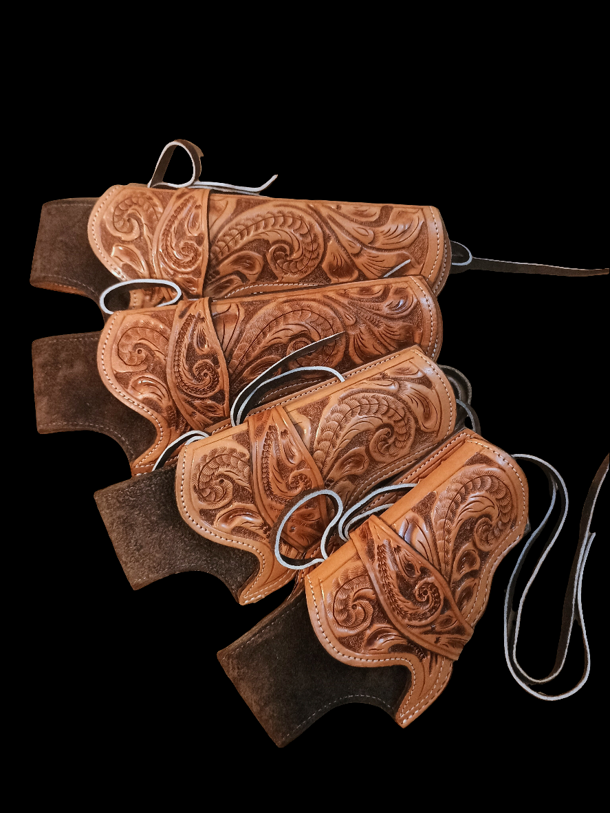 Hand Tooled TAN Leather Drop Leg Revolver Holster – LARGE Judge-Style Cowboy Holster for Ruger, Taurus Judge, S&W Governor | Suede Lined