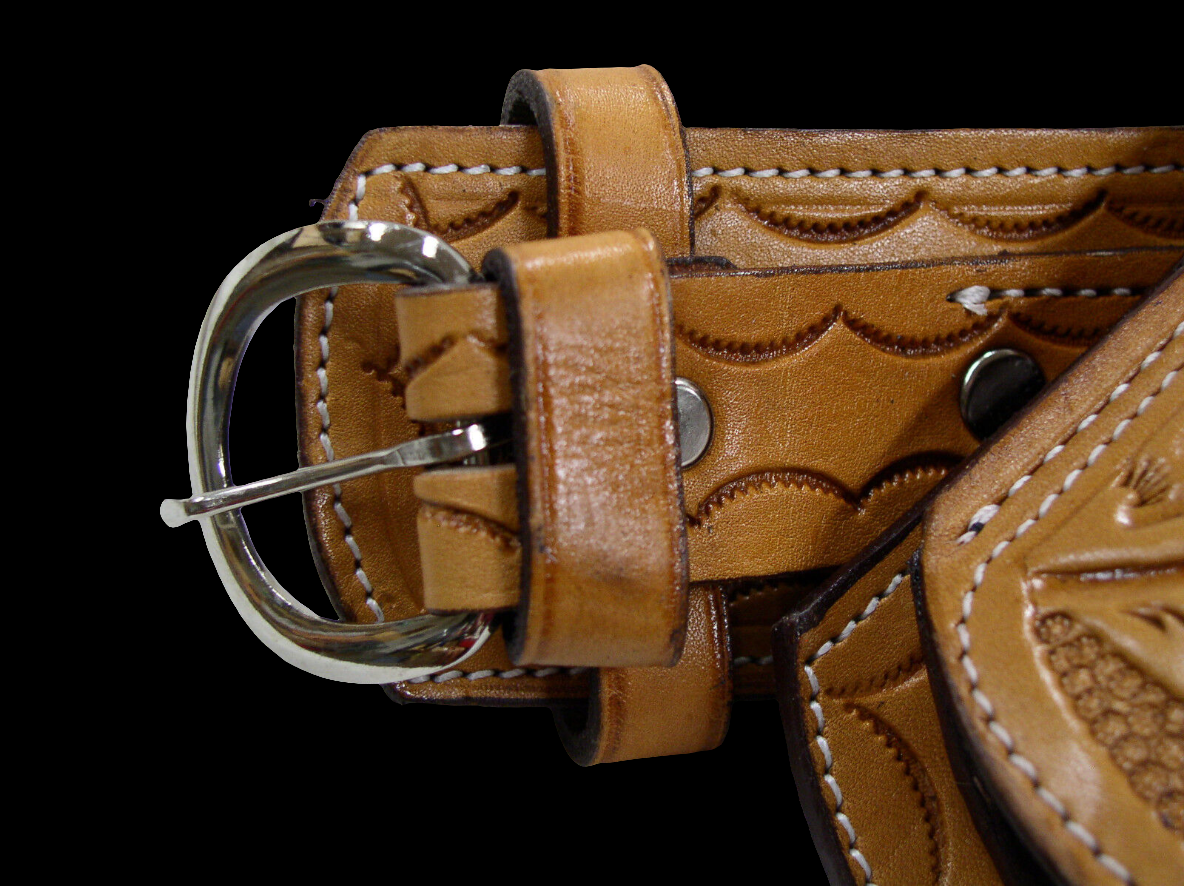 .22 caliber Tan Tooled Desert Gunslinger Western Rig - Sheriff Rig: Full Grain Leather; Suede Lined