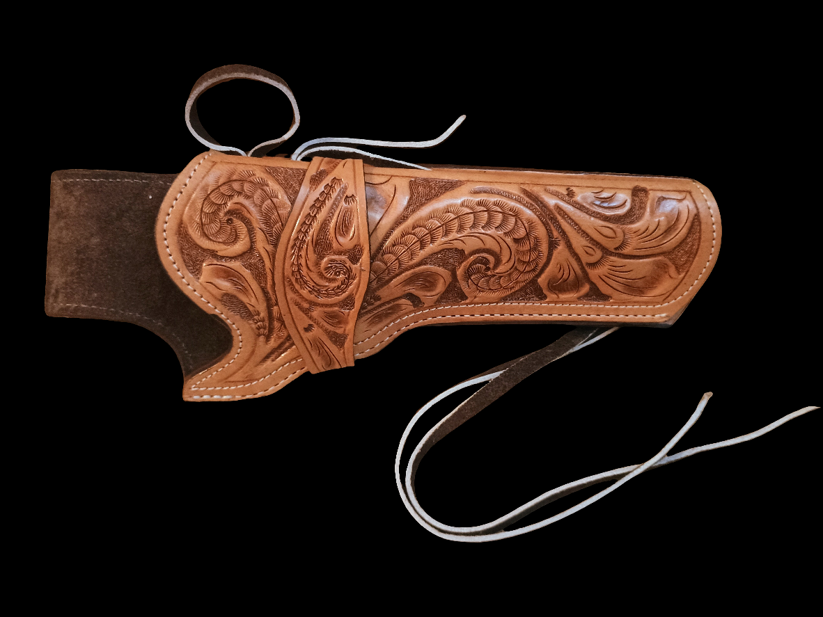 Hand Tooled TAN Leather Drop Leg Revolver Holster – LARGE Judge-Style Cowboy Holster for Ruger, Taurus Judge, S&W Governor | Suede Lined