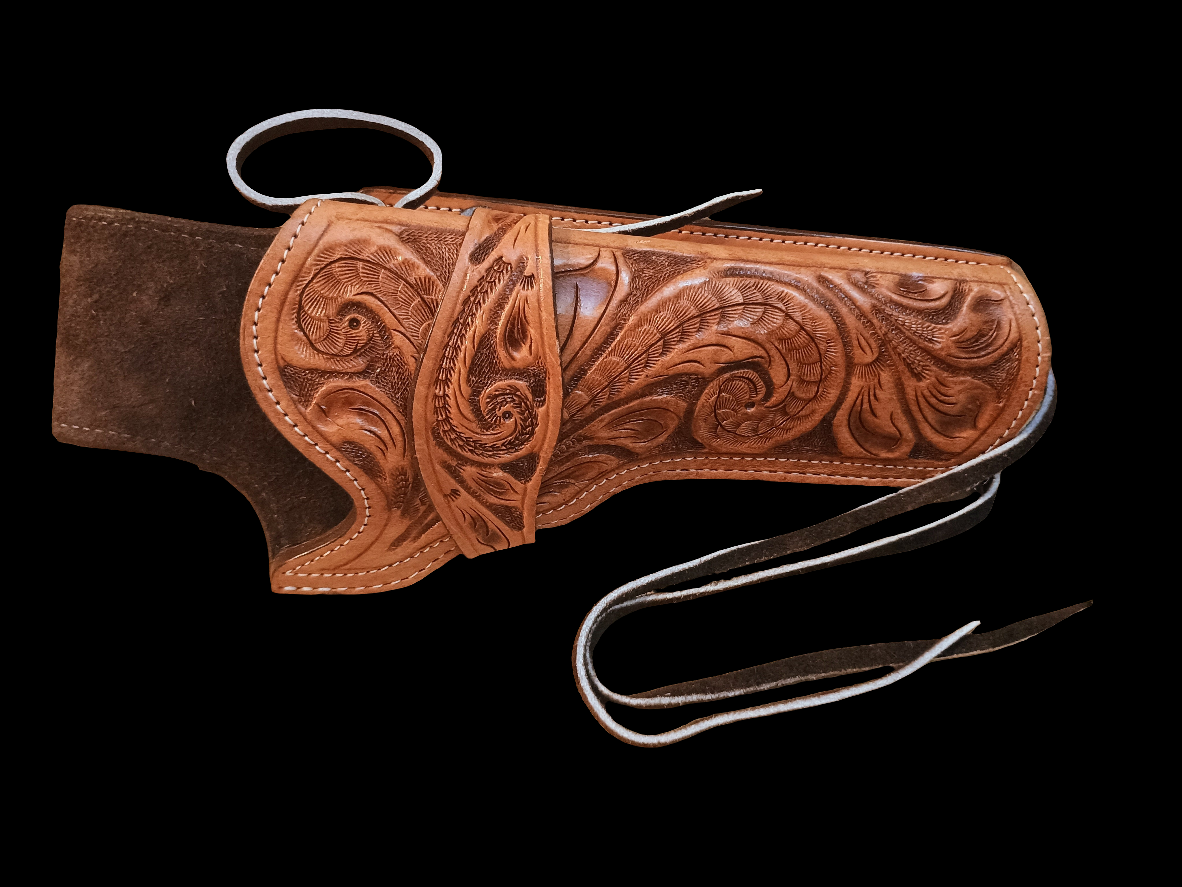 Hand Tooled TAN Leather Drop Leg Revolver Holster – LARGE Judge-Style Cowboy Holster for Ruger, Taurus Judge, S&W Governor | Suede Lined