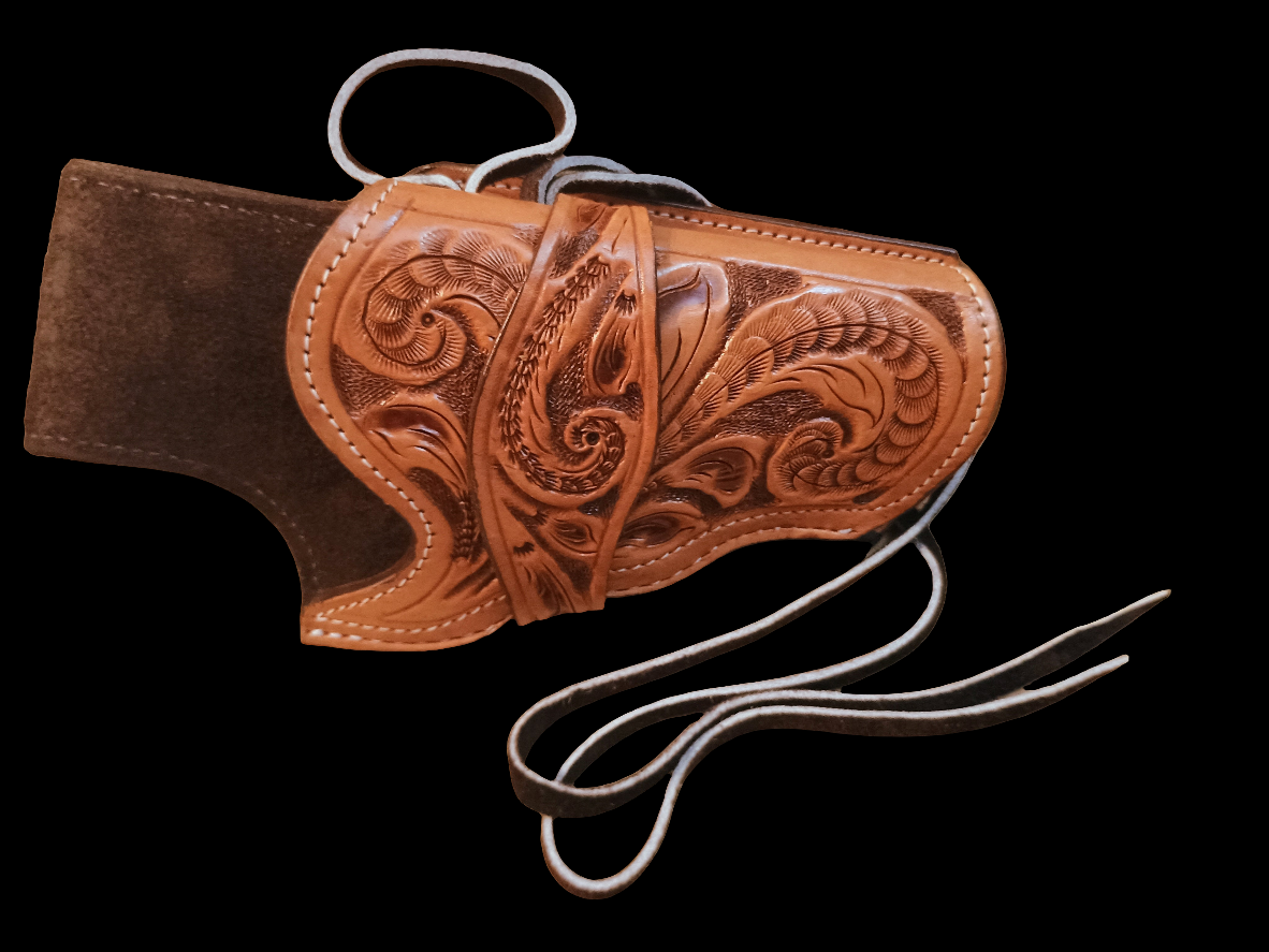 Hand Tooled TAN Leather Drop Leg Revolver Holster – LARGE Judge-Style Cowboy Holster for Ruger, Taurus Judge, S&W Governor | Suede Lined