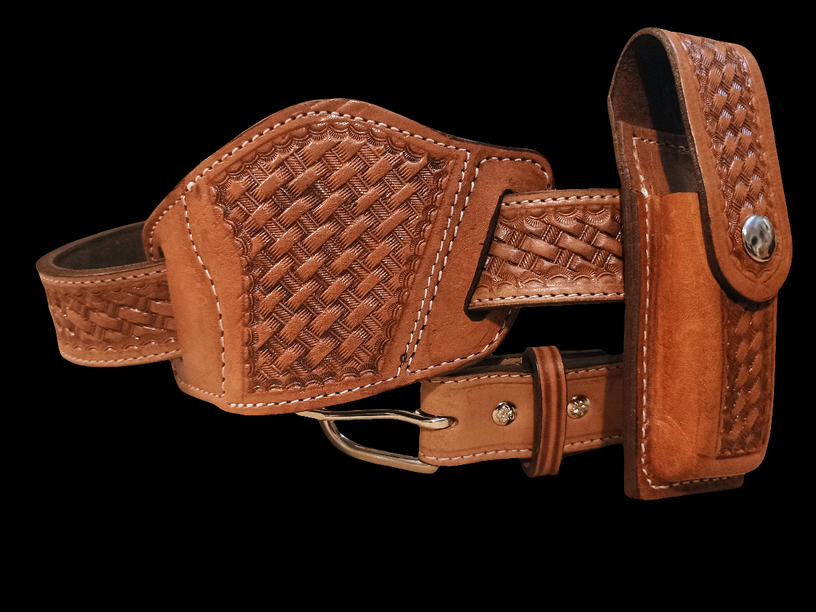 Classic Western Basket Weave Hand Tooled Full Grain Leather Concealed Carry / Western Belt - Tan