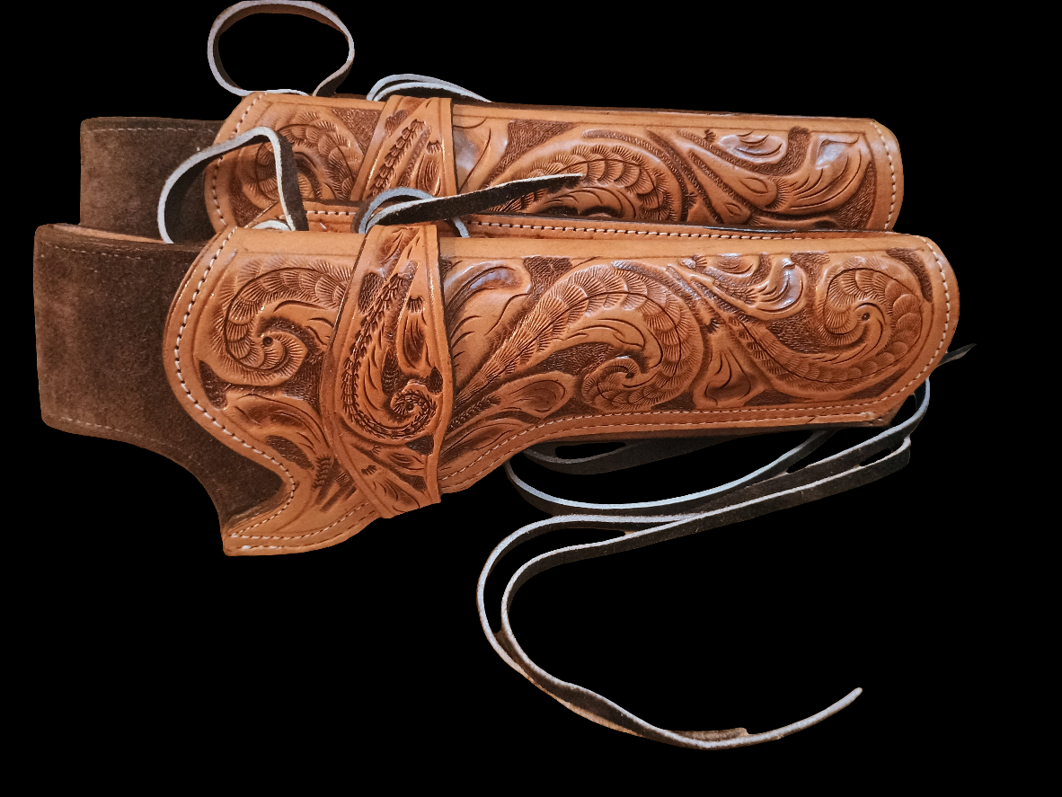 Hand Tooled TAN Leather Drop Leg Revolver Holster – LARGE Judge-Style Cowboy Holster for Ruger, Taurus Judge, S&W Governor | Suede Lined