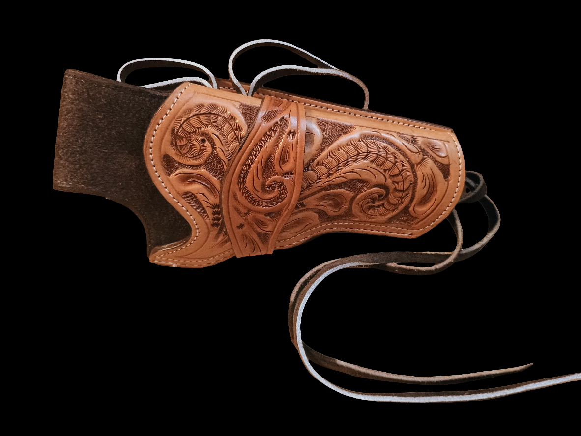 Hand Tooled TAN Leather Drop Leg Revolver Holster – LARGE Judge-Style Cowboy Holster for Ruger, Taurus Judge, S&W Governor | Suede Lined
