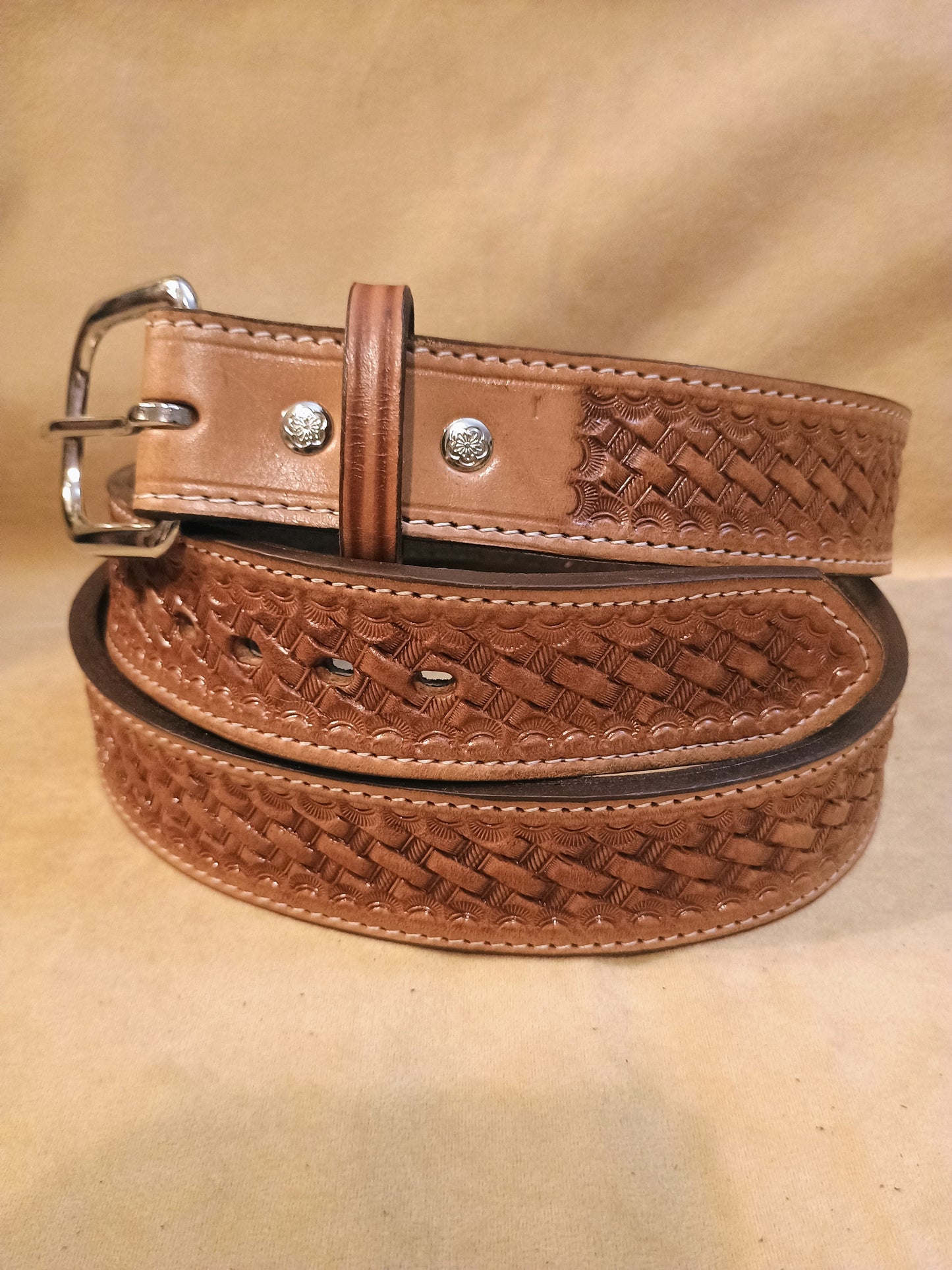 Classic Western Basket Weave Hand Tooled Full Grain Leather Concealed Carry / Western Belt - Tan