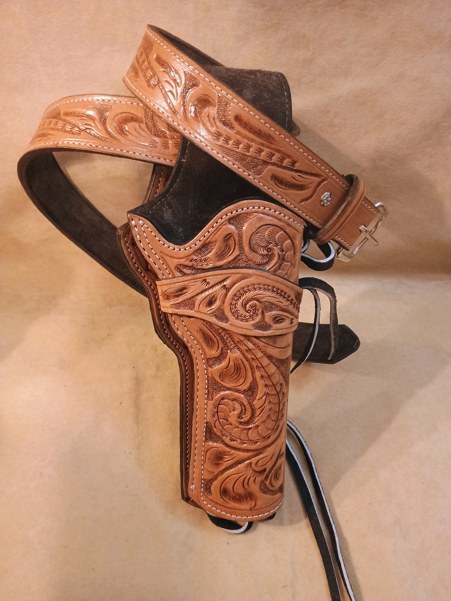 Hand Tooled TAN Leather Drop Leg Revolver Holster – LARGE Judge-Style Cowboy Holster for Ruger, Taurus Judge, S&W Governor | Suede Lined