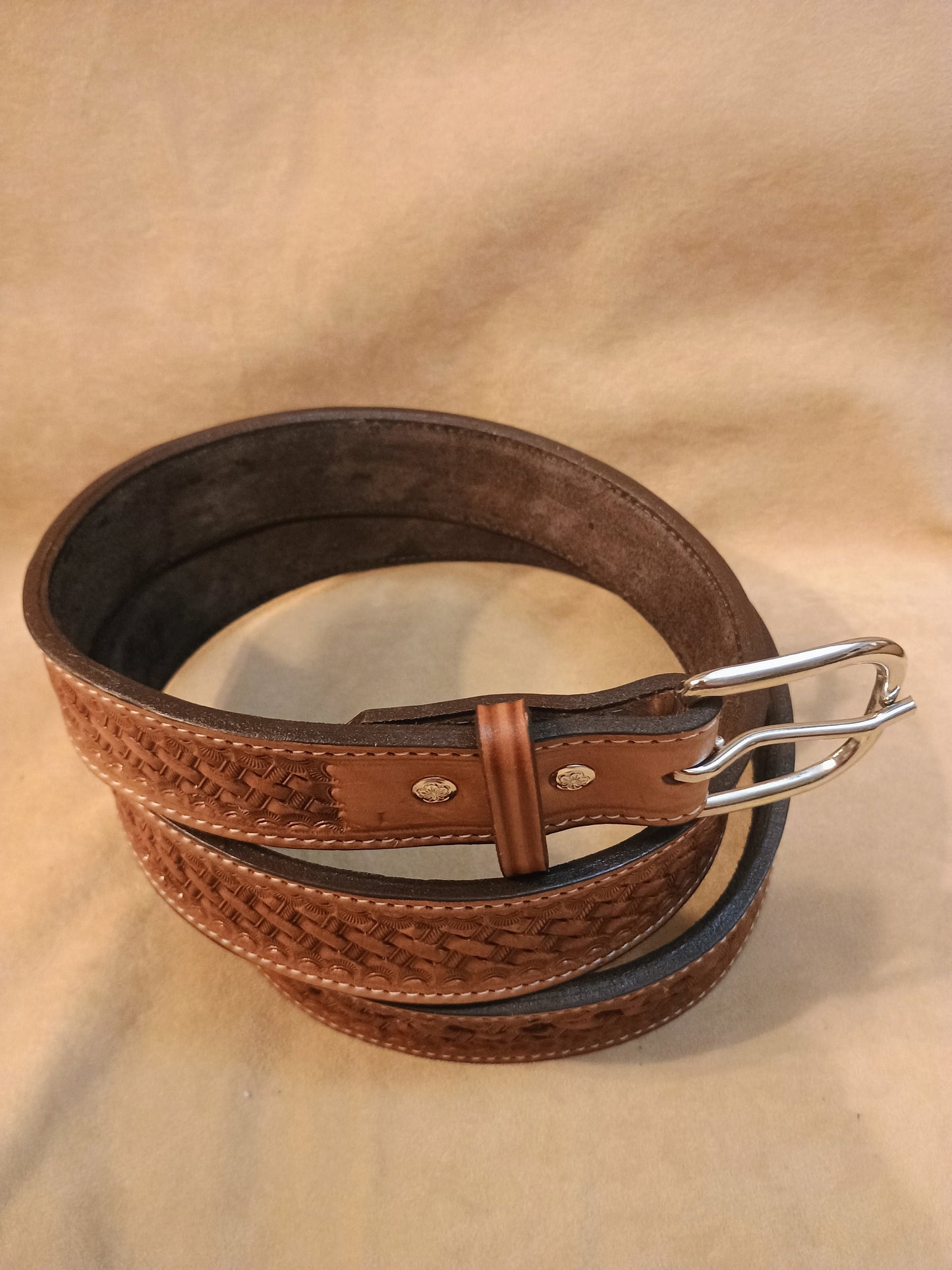 Classic Western Basket Weave Hand Tooled Full Grain Leather Concealed Carry / Western Belt - Tan