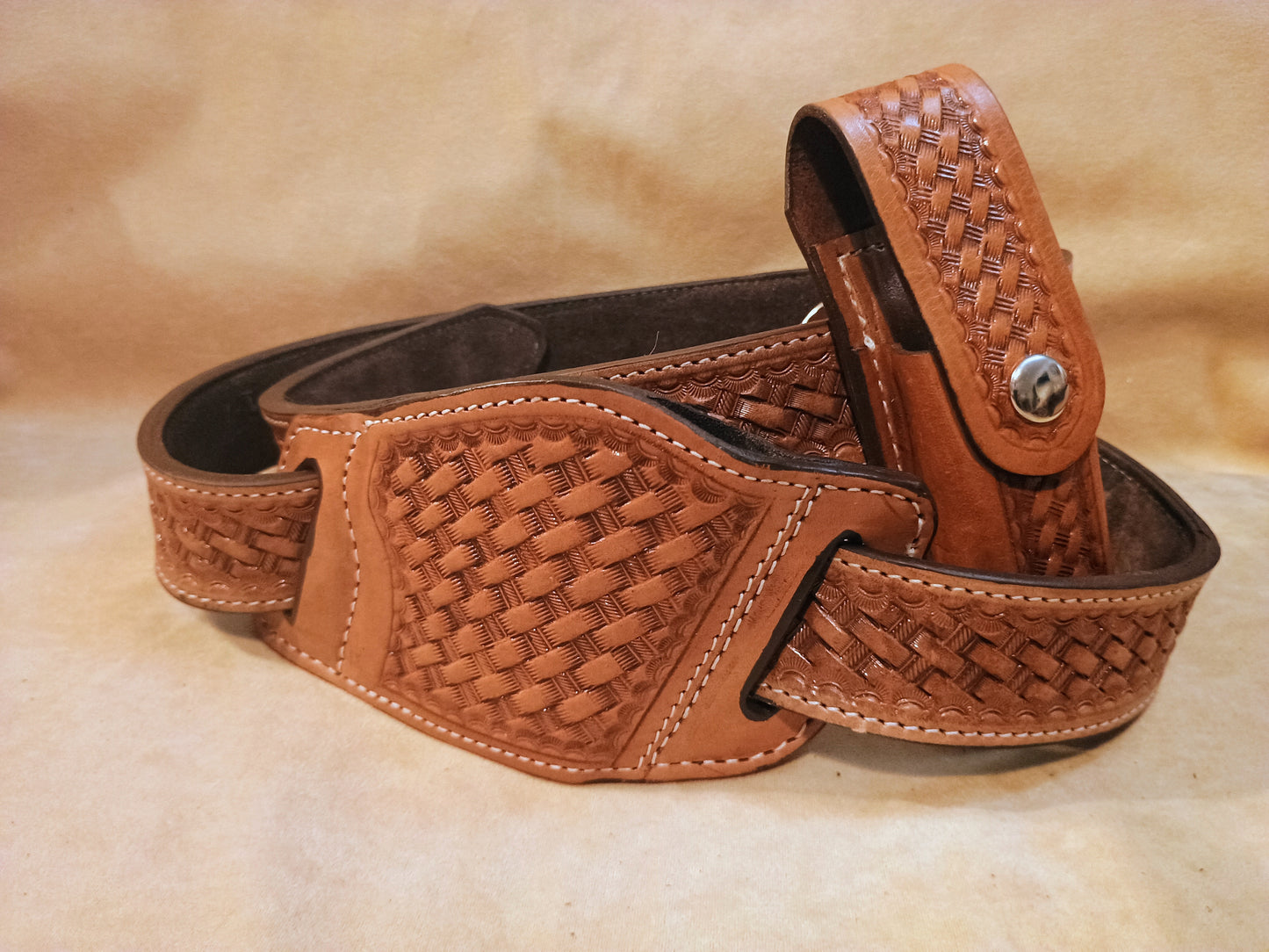 Classic Western Basket Weave Hand Tooled Full Grain Leather Concealed Carry / Western Belt - Tan