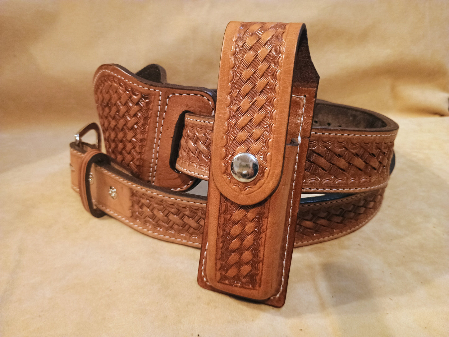 Classic Western Basket Weave Hand Tooled Full Grain Leather Concealed Carry / Western Belt - Tan