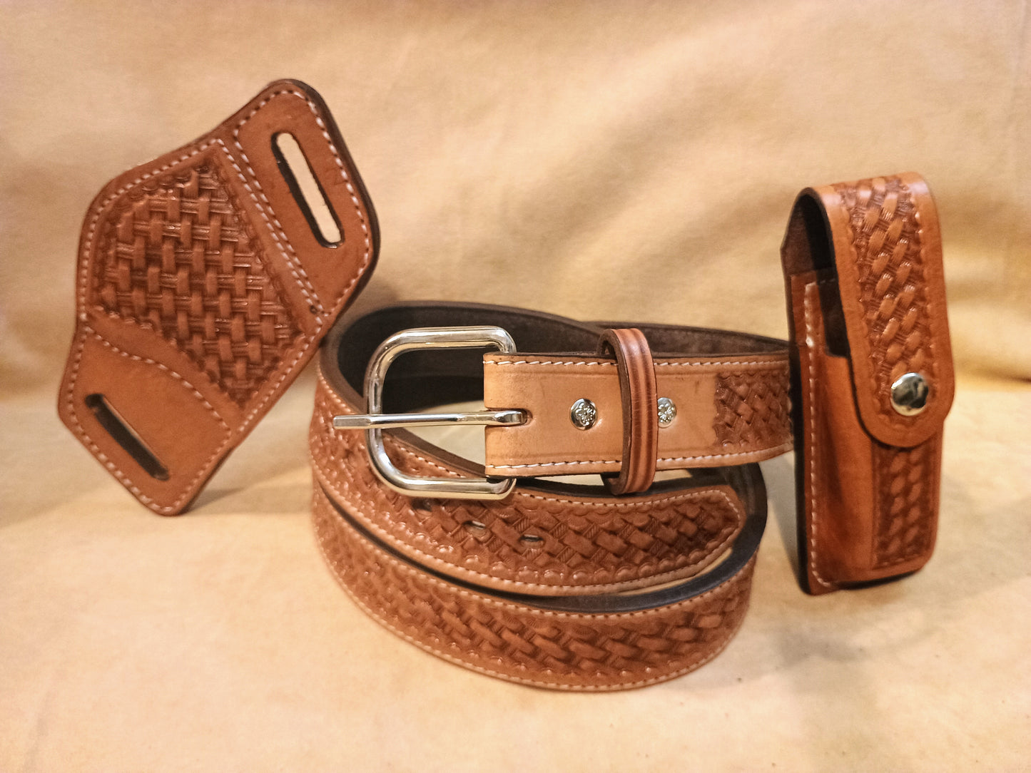 Classic Western Basket Weave Hand Tooled Full Grain Leather Concealed Carry / Western Belt - Tan