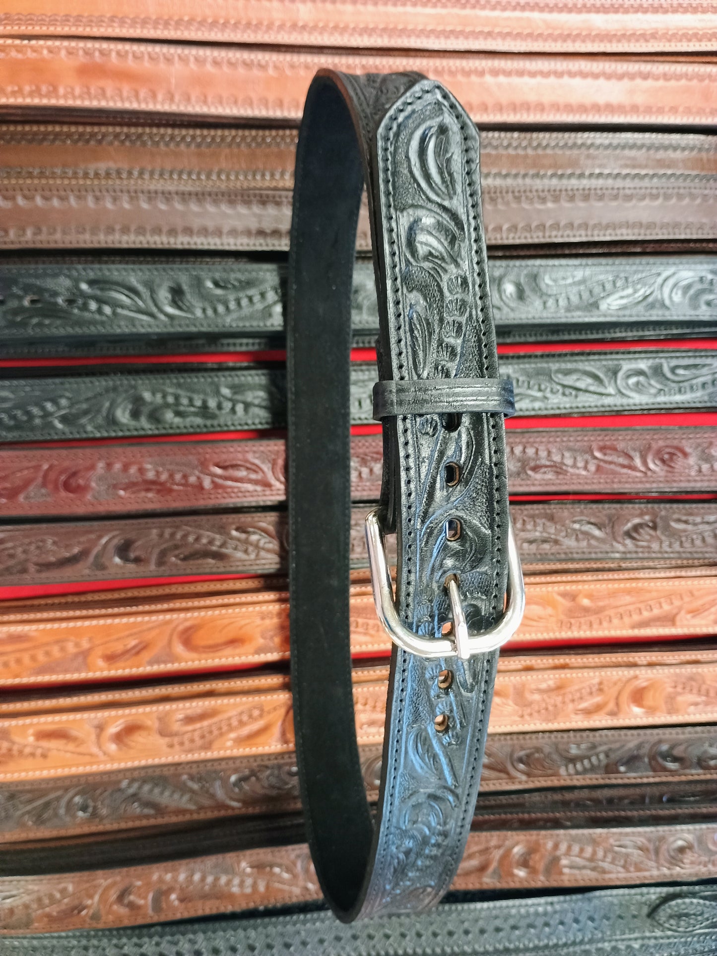 Western Botanical / Leaf Tooled Full Grain Leather Concealed Carry / Western Belt - Classic Black