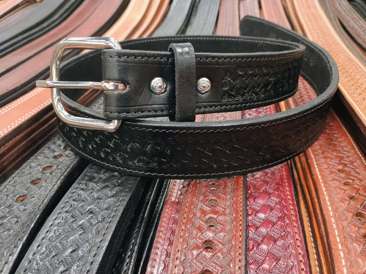 Classic Western Basket Weave Hand Tooled Full Grain Leather Concealed Carry / Western Belt - Black