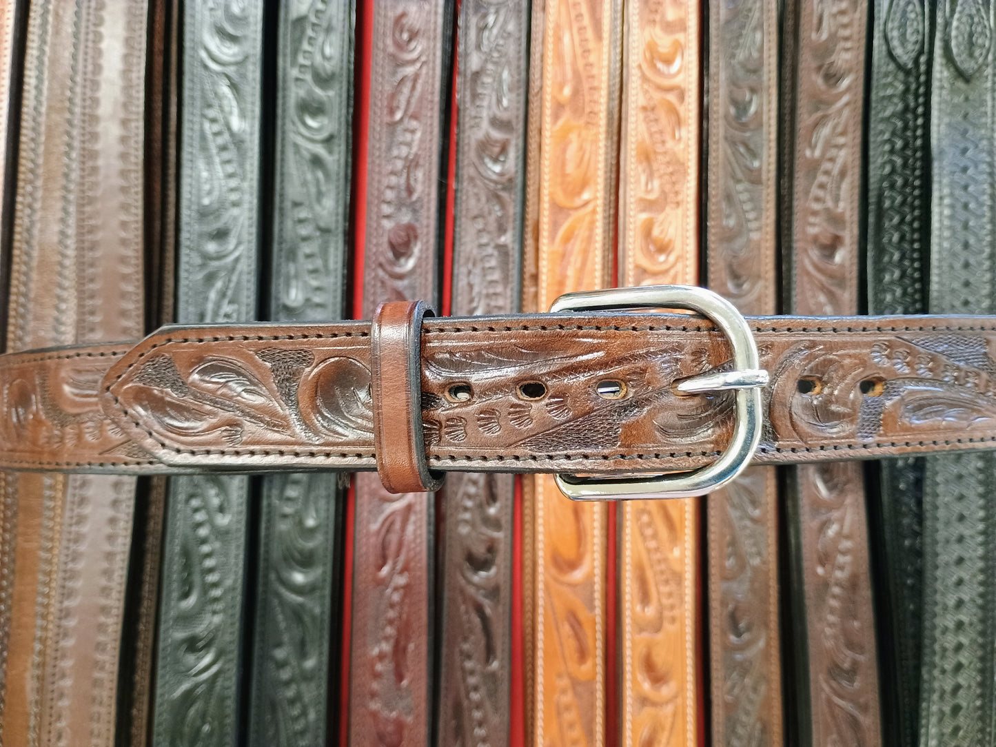 Western Botanical / Leaf Tooled Full Grain Leather Concealed Carry / Western Belt - Tobacco Brown
