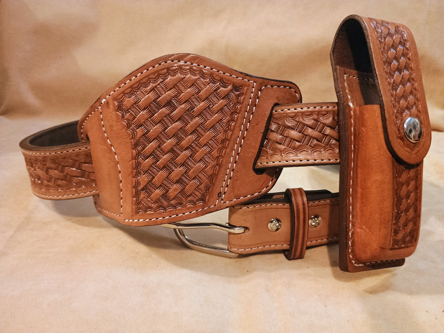 Classic Western Basket Weave Hand Tooled Full Grain Leather Concealed Carry / Western Belt - Tan
