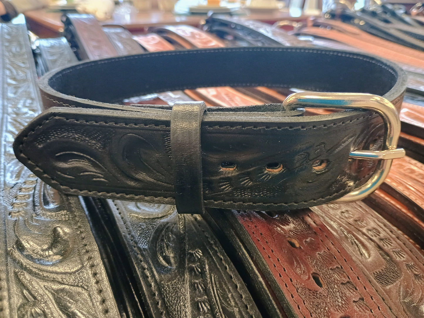 Western Botanical / Leaf Tooled Full Grain Leather Concealed Carry / Western Belt - Classic Black