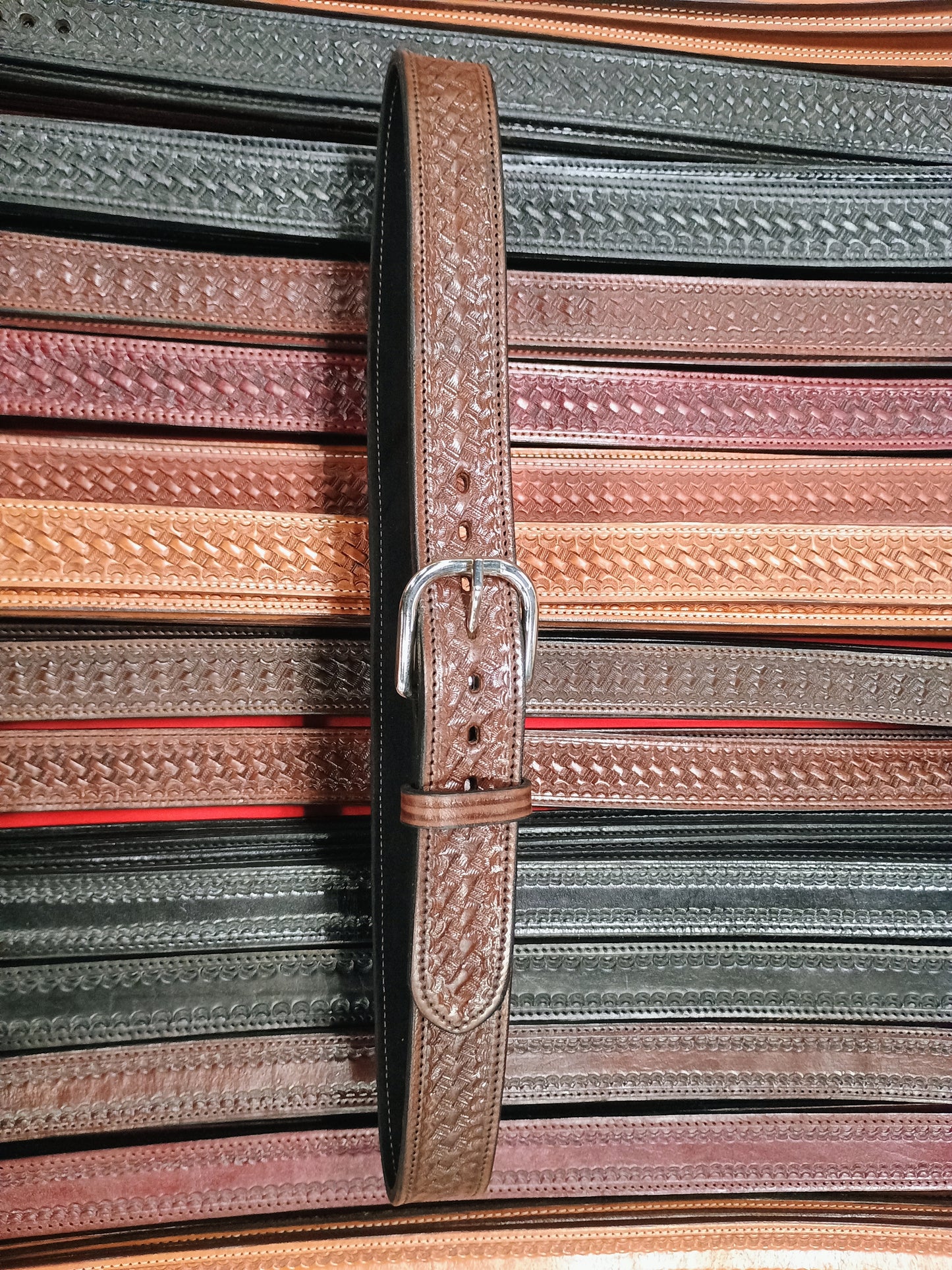 Classic Western Basket Weave Hand Tooled Full Grain Leather Concealed Carry / Western Belt - Tobacco Brown