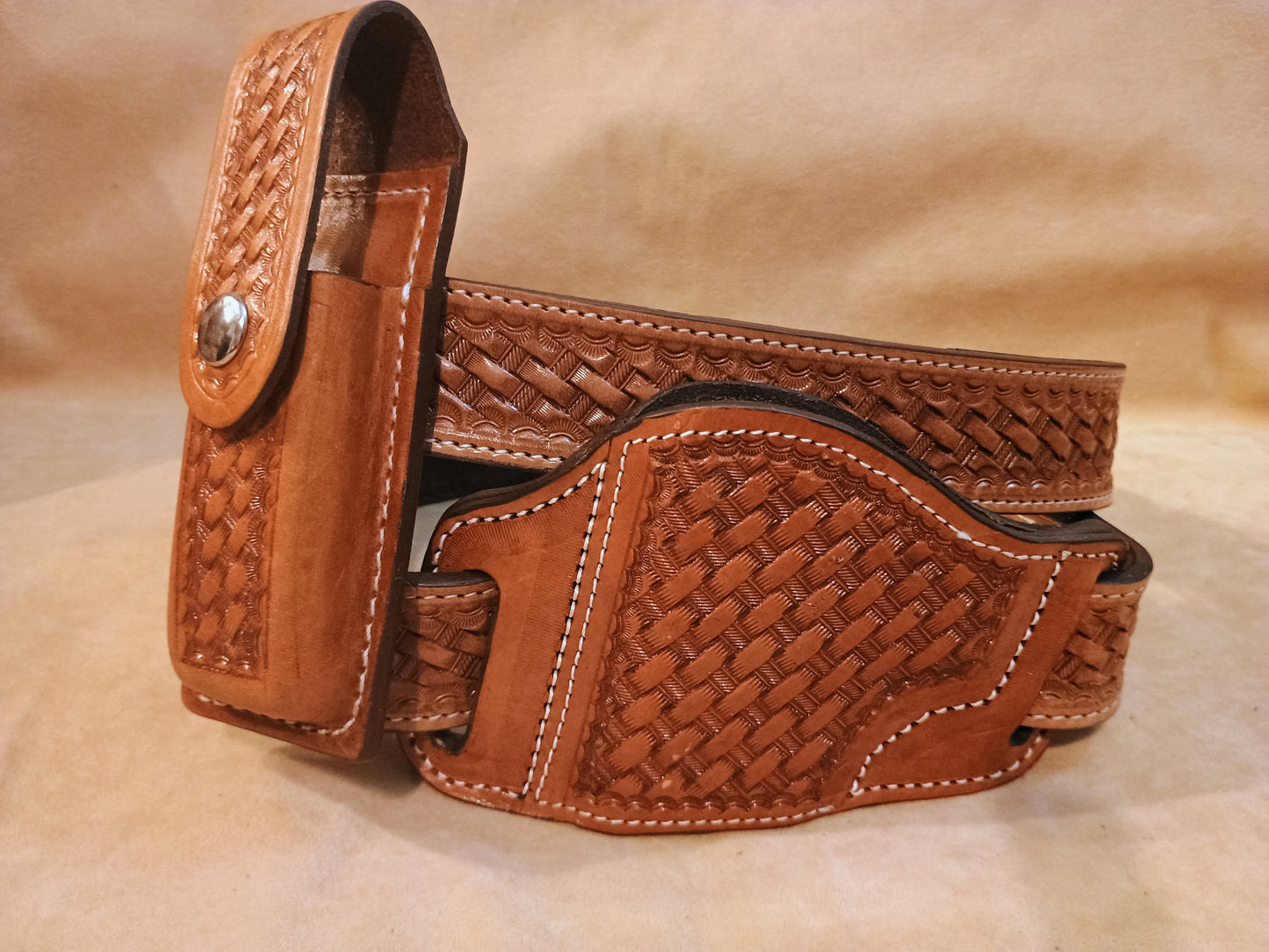 Classic Western Basket Weave Hand Tooled Full Grain Leather Concealed Carry / Western Belt - Tan