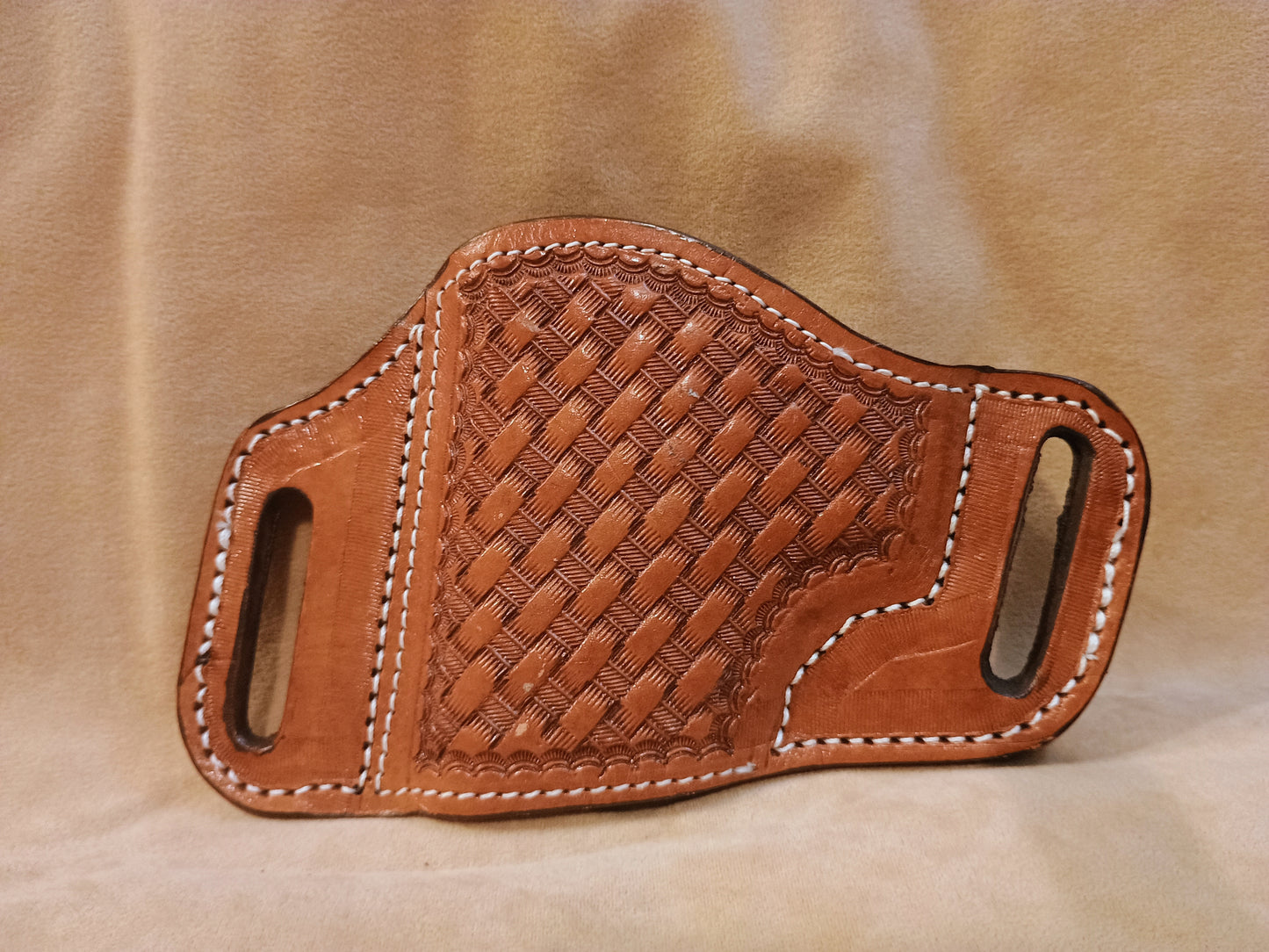 Saddle Tan Basketweave - Premium Full Grain Hand Tooled Leather Belt Slide Holster – Suede Lined OWB Sizes for Semi-Autos & Revolvers
