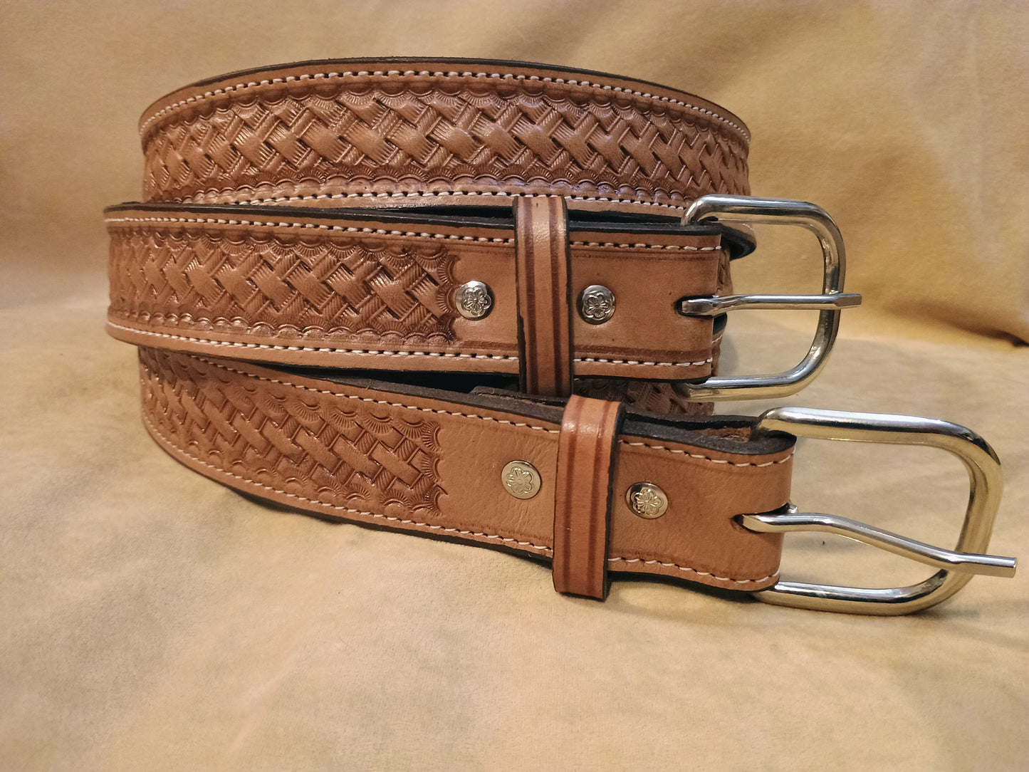 Classic Western Basket Weave Hand Tooled Full Grain Leather Concealed Carry / Western Belt - Tan