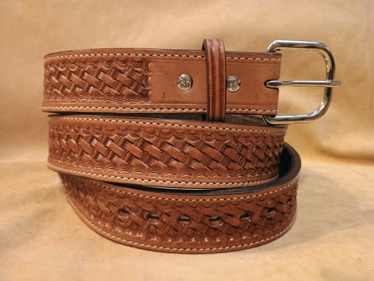 Classic Western Basket Weave Hand Tooled Full Grain Leather Concealed Carry / Western Belt - Tan