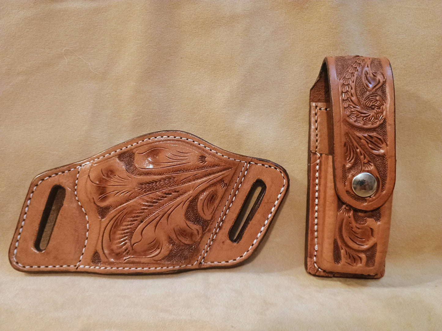 Saddle Tan Western Botanical Leaf Hand Tooled Premium Full Grain Leather Belt Slide Holster – Suede Lined OWB Sizes for Semi-Autos and Revolvers