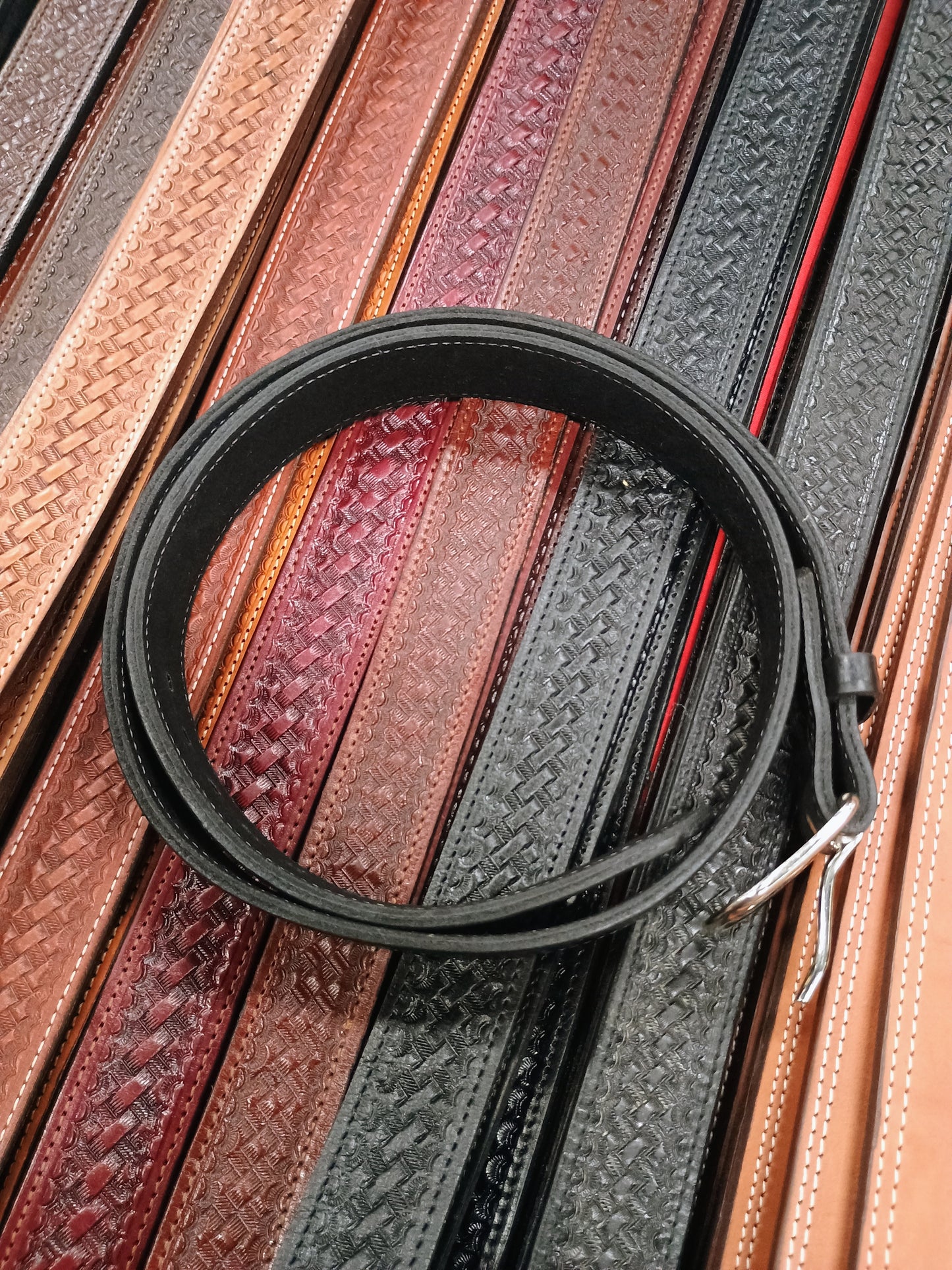 Classic Western Basket Weave Hand Tooled Full Grain Leather Concealed Carry / Western Belt - Black