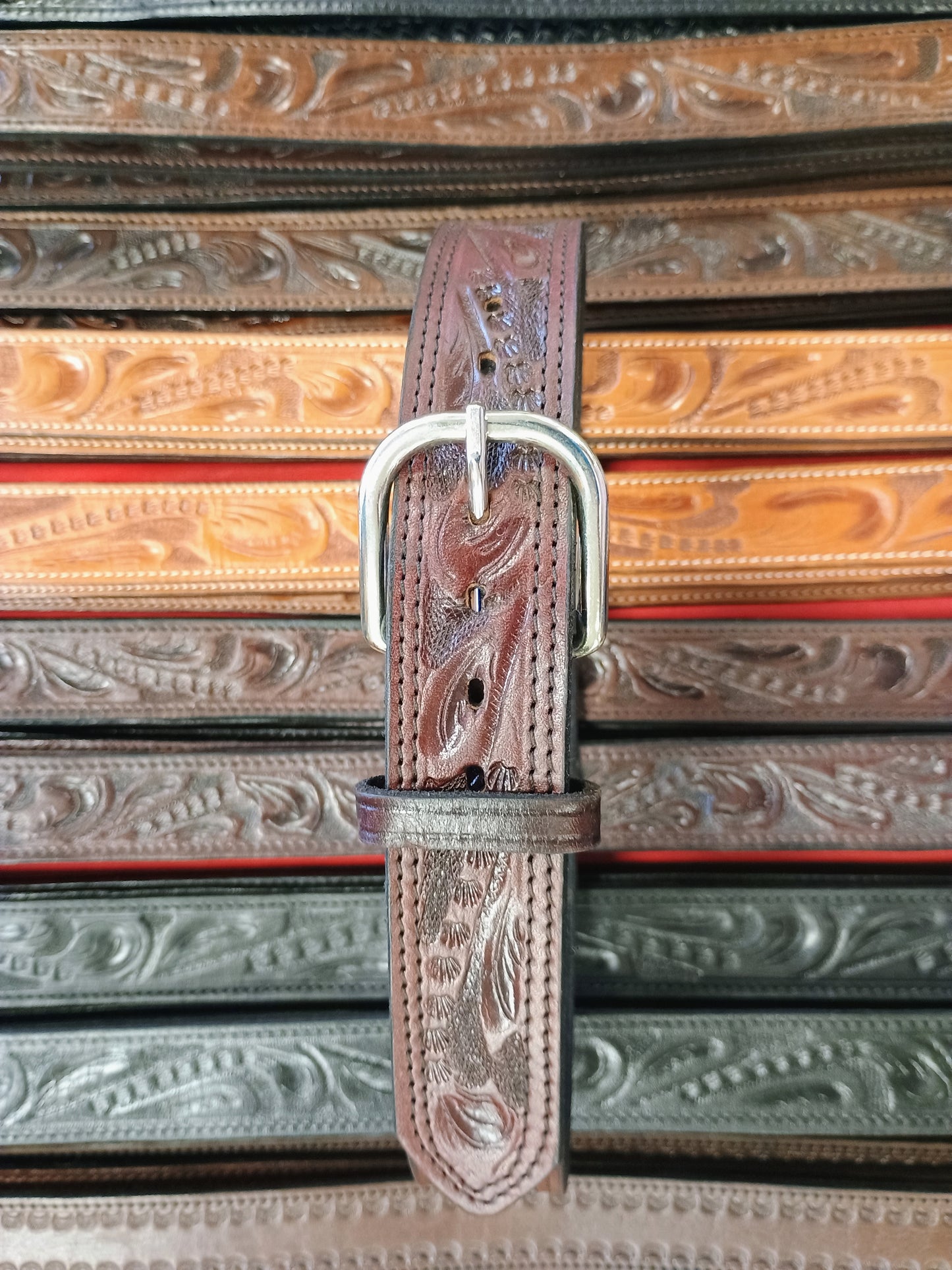 Western Botanical / Leaf Tooled Full Grain Leather Concealed Carry / Western Belt - Cordova Wine
