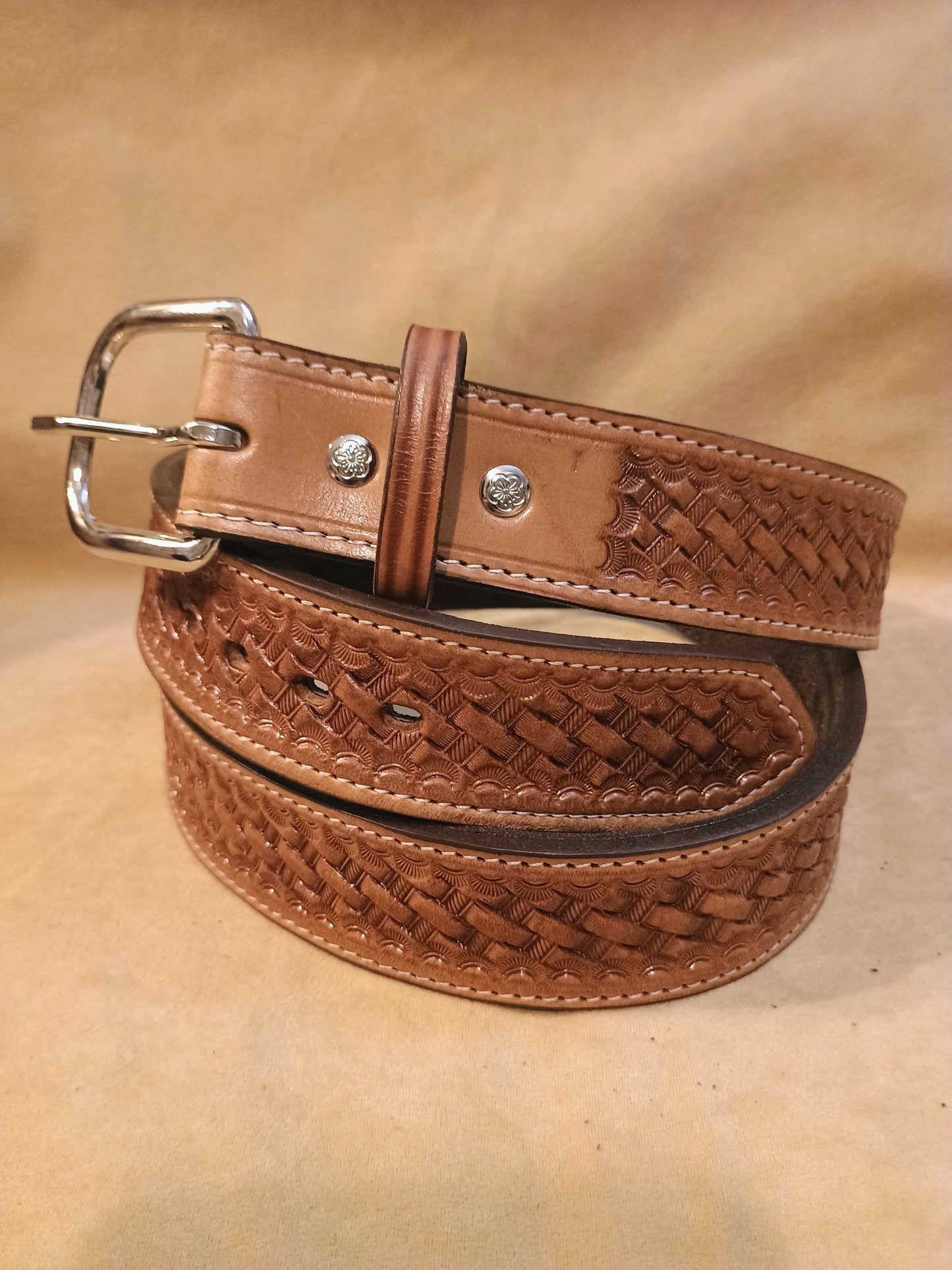 Classic Western Basket Weave Hand Tooled Full Grain Leather Concealed Carry / Western Belt - Tan