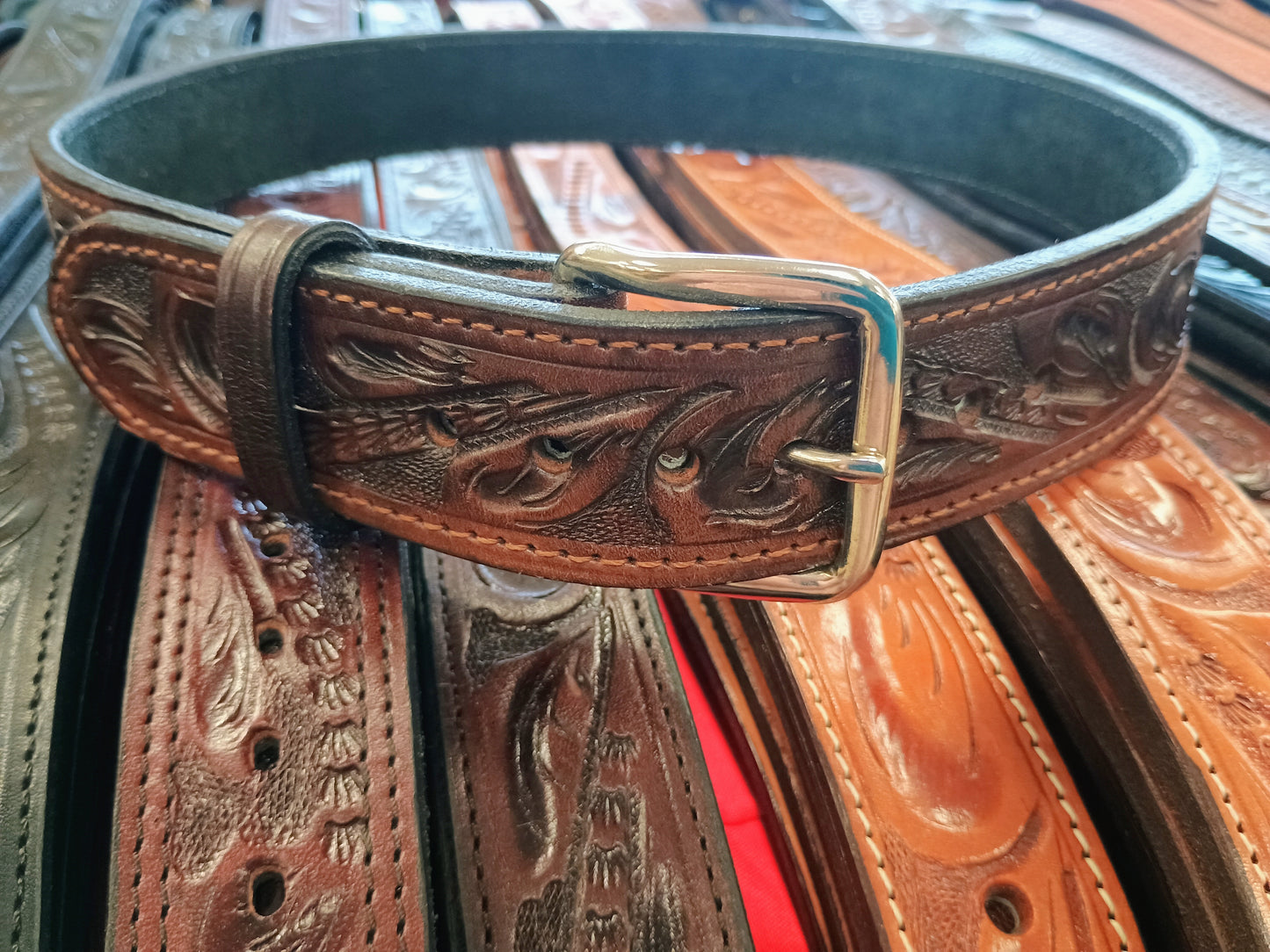 Western Botanical / Leaf Tooled Full Grain Leather Concealed Carry / Western Belt - Tobacco Brown