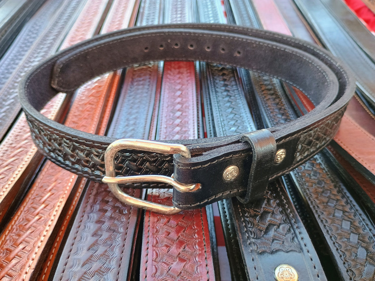 1.25" Classic Western Basket Weave Hand Tooled Full Grain Leather Concealed Carry / Western Belt - Black