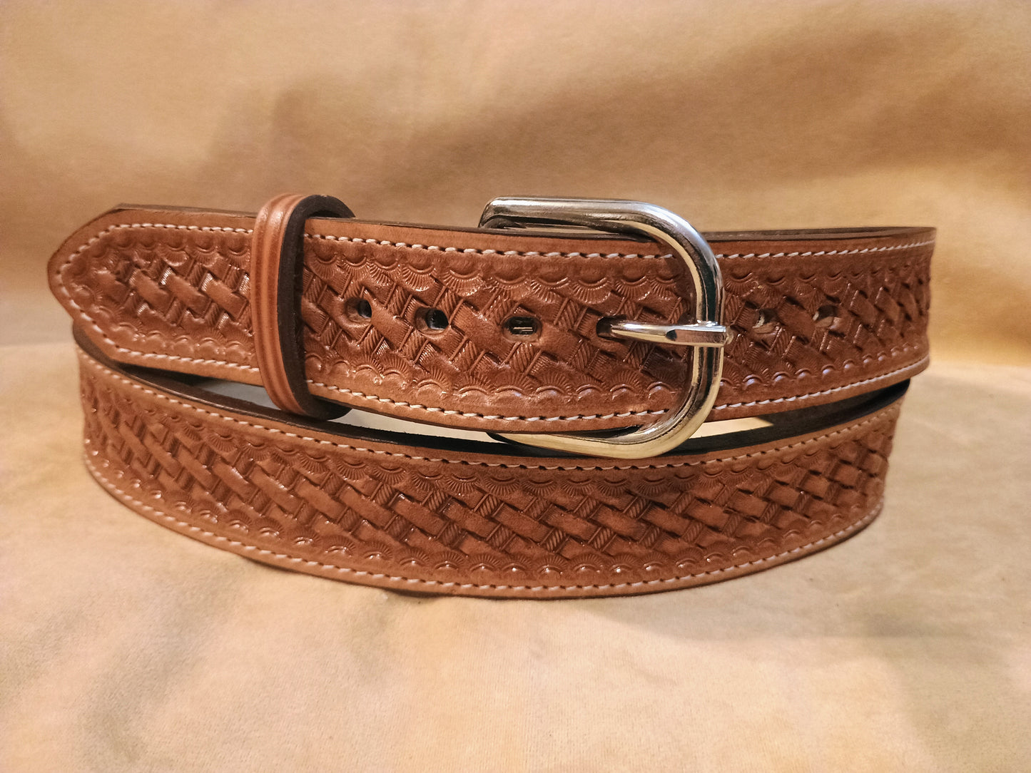 Classic Western Basket Weave Hand Tooled Full Grain Leather Concealed Carry / Western Belt - Tan
