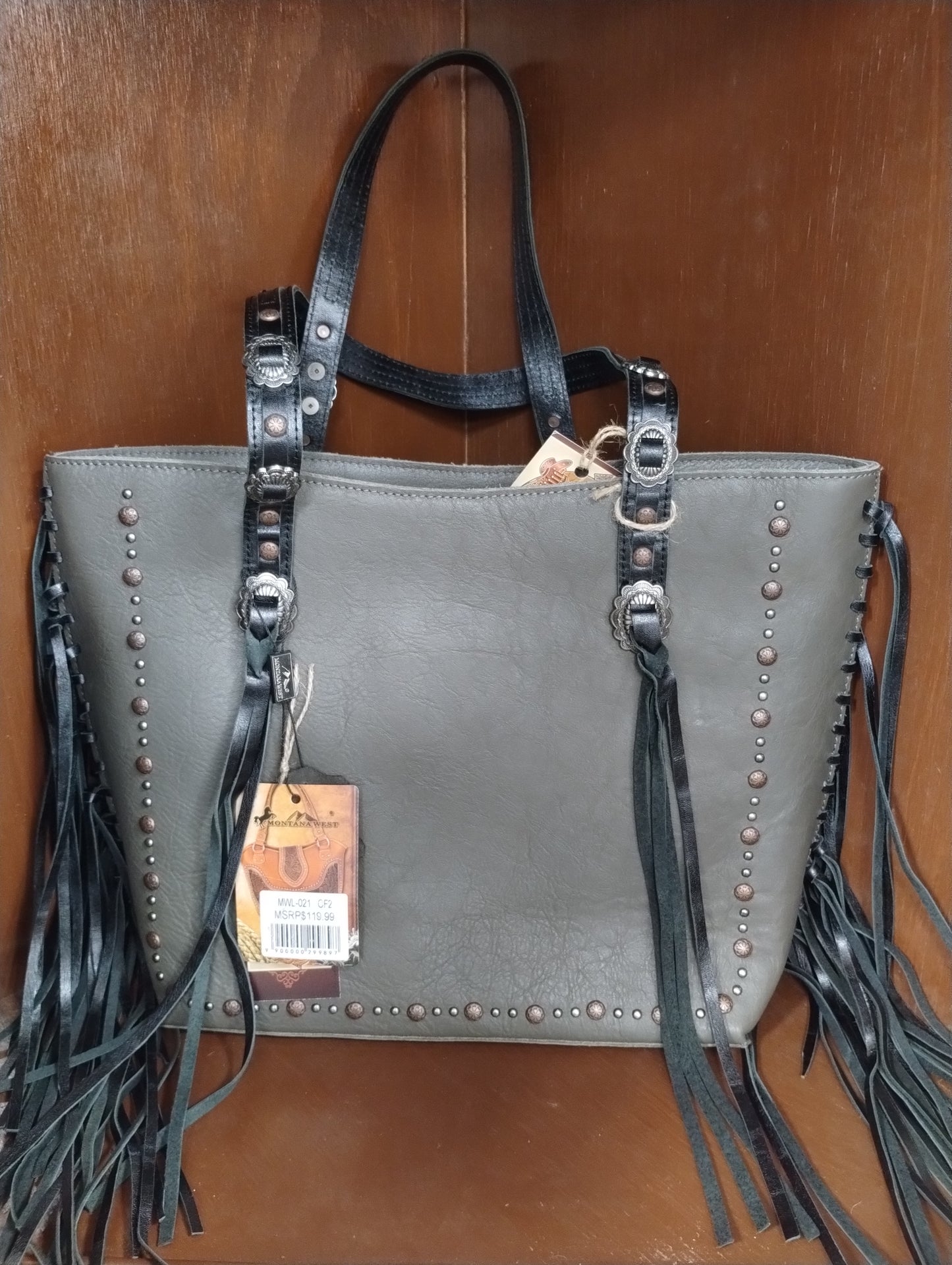 Montana West Grey with Black Fringe MWL-021 CF2 Leather Concealed Carry Purse