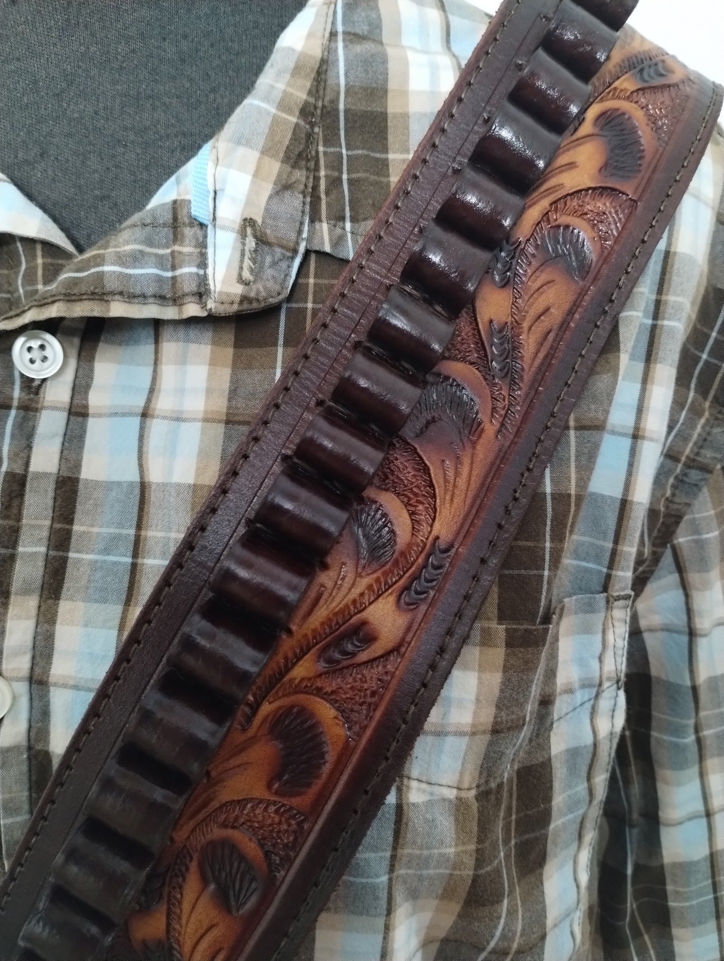 .44 / .45 cal. Cross-Body Shoulder Bandolier Two Tone Tooled Leather