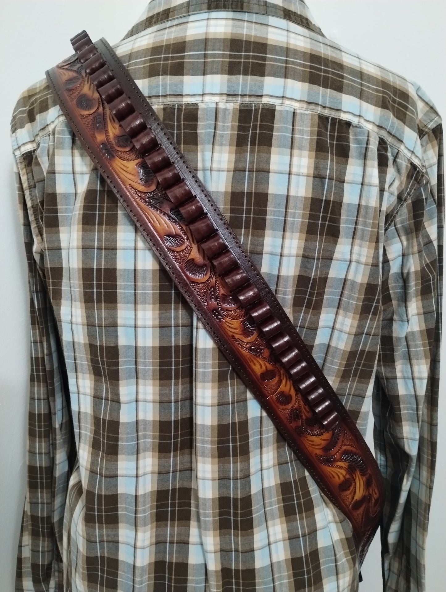 .44 / .45 cal. Cross-Body Shoulder Bandolier Two Tone Tooled Leather