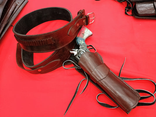 .22 cal Smooth Plain Brown Desert Gunslinger Western Rig - Sheriff Rig: Full Grain Leather; Suede Lined - Right Handed