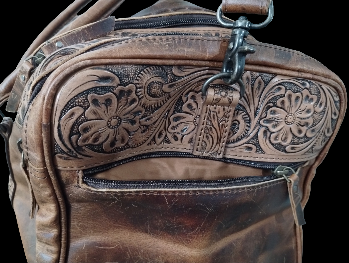 Vintage-Look Distressed Waxed Brown Leather: Plain, Tooled, and Laced/Woven Premium Adventure Duffle Bag - Large