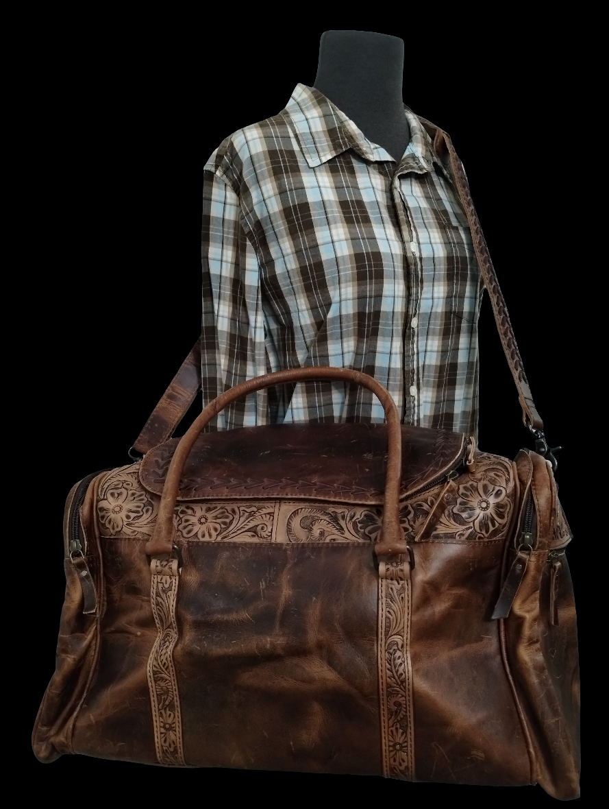 Vintage-Look Distressed Waxed Brown Leather: Plain, Tooled, and Laced/Woven Premium Adventure Duffle Bag - Large