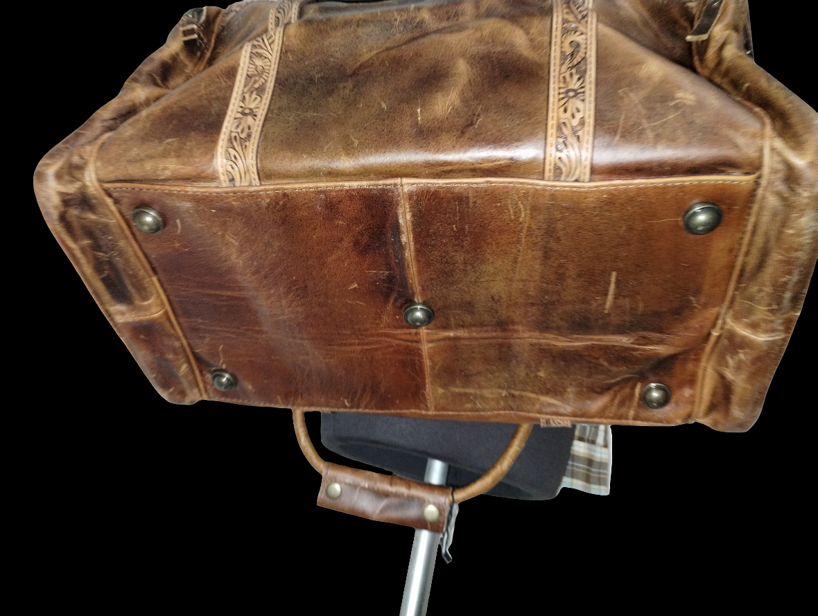 Vintage-Look Distressed Waxed Brown Leather: Plain, Tooled, and Laced/Woven Premium Adventure Duffle Bag - Large