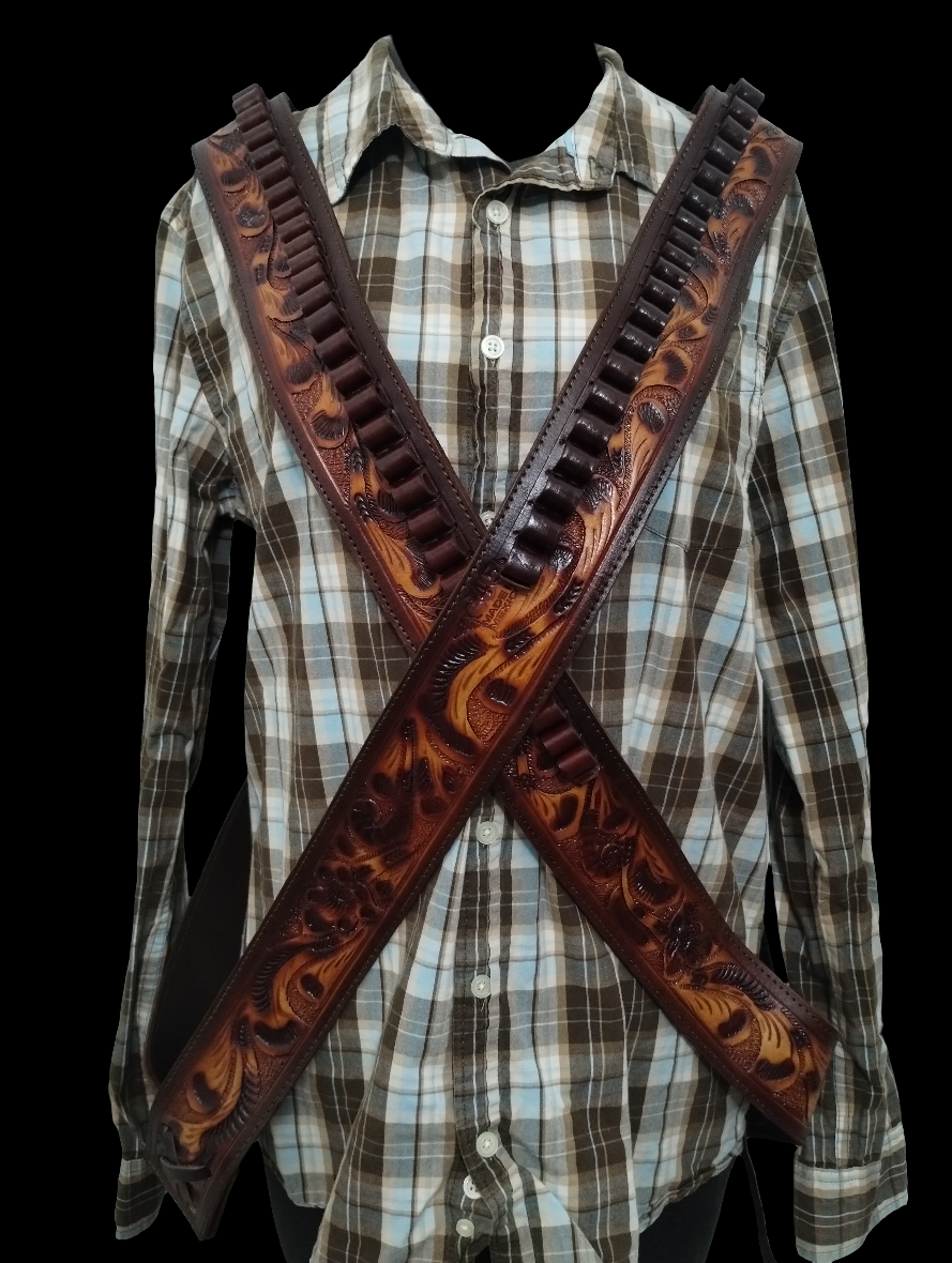 .44 / .45 cal. Cross-Body Shoulder Bandolier Two Tone Tooled Leather