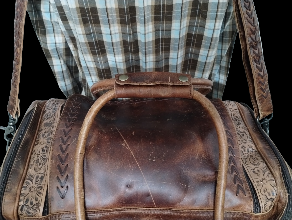 Vintage-Look Distressed Waxed Brown Leather: Plain, Tooled, and Laced/Woven Premium Adventure Duffle Bag - Large