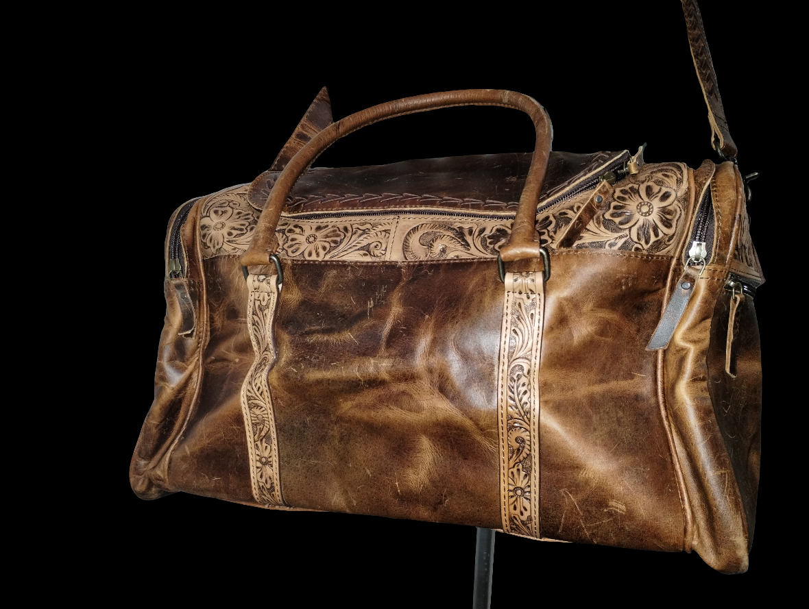 Vintage-Look Distressed Waxed Brown Leather: Plain, Tooled, and Laced/Woven Premium Adventure Duffle Bag - Large